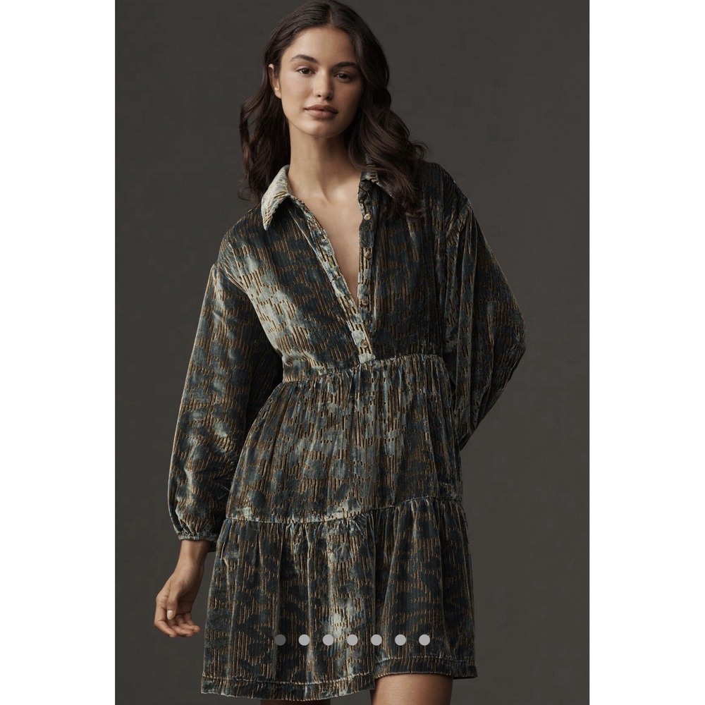 Anthropologie Maeve Bettina Velvet Burnout Tiered Mini Shirt Dress Sz XXS NWT
